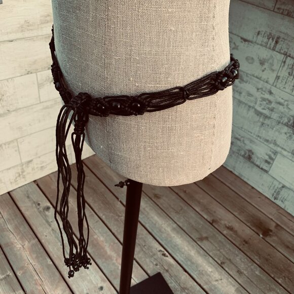 Vintage Y2K Boho Hippie Wood Beaded Black Leather Cord Rope Fringe Tie Hip Belt - Picture 3 of 9